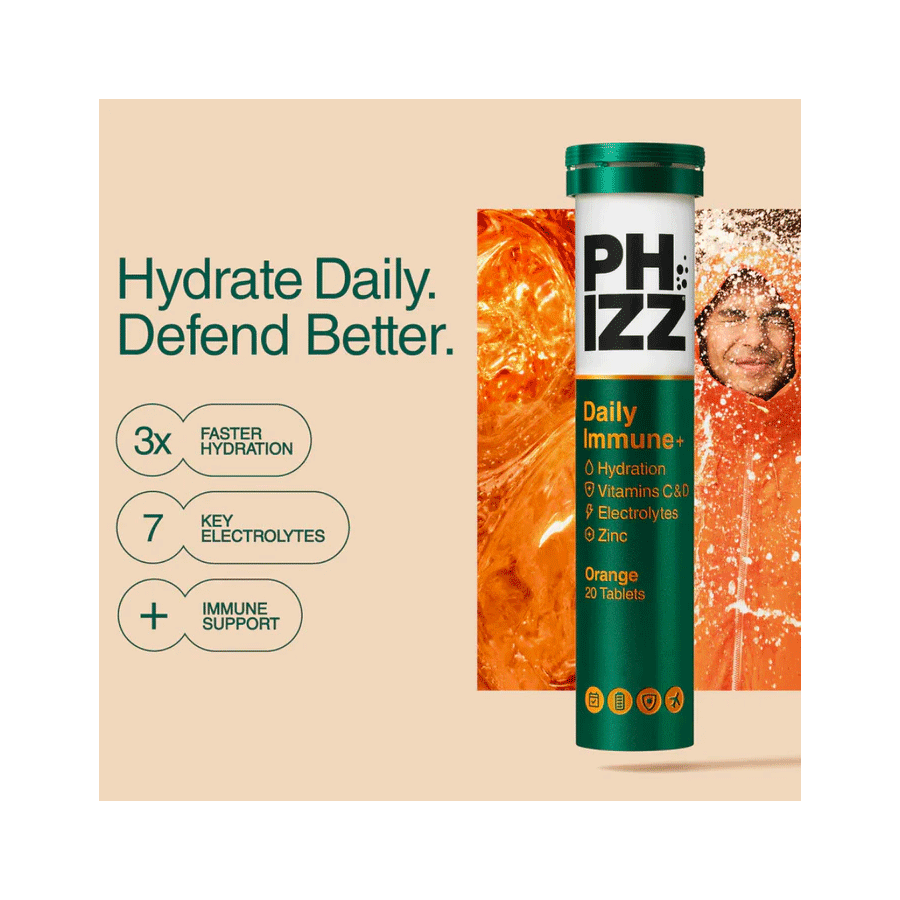 Phizz Daily Immune+ 3-in-1 Hydration, Electrolytes & Vitamins Effervescent Tablets Orange (20 Tablets)