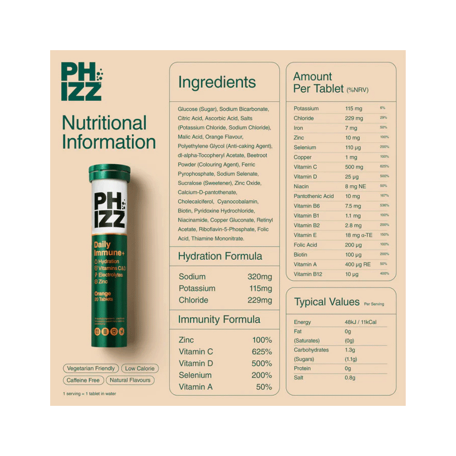 Phizz Daily Immune+ 3-in-1 Hydration, Electrolytes & Vitamins Effervescent Tablets Orange (20 Tablets)