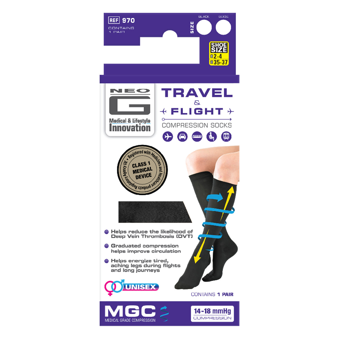 Neo G Travel & Flight Compression Socks Black (Large) - Price