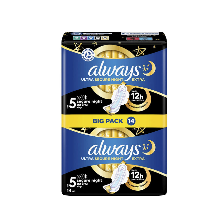 Always
          
          
        
      
   
    
 Always Ultra Pads Secure Night Extra - Size 5 Wings (14 Pack) - Price