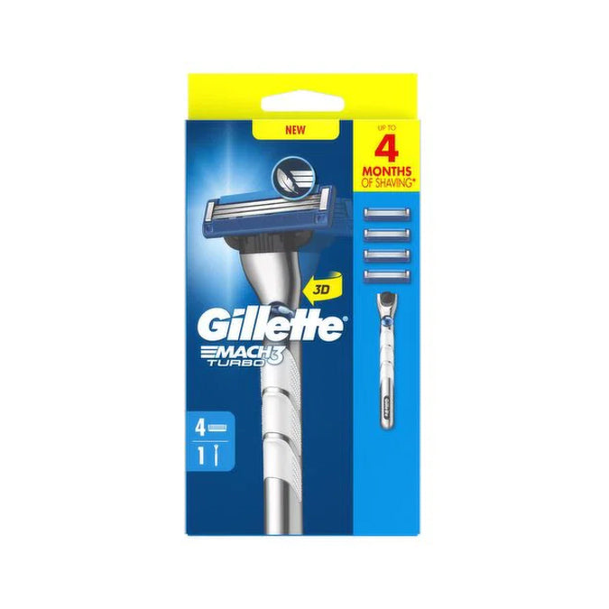 Gillette Mach 3 Turbo Razor + 4 Refill Cartridges: Up to 4 Months of Shaving!