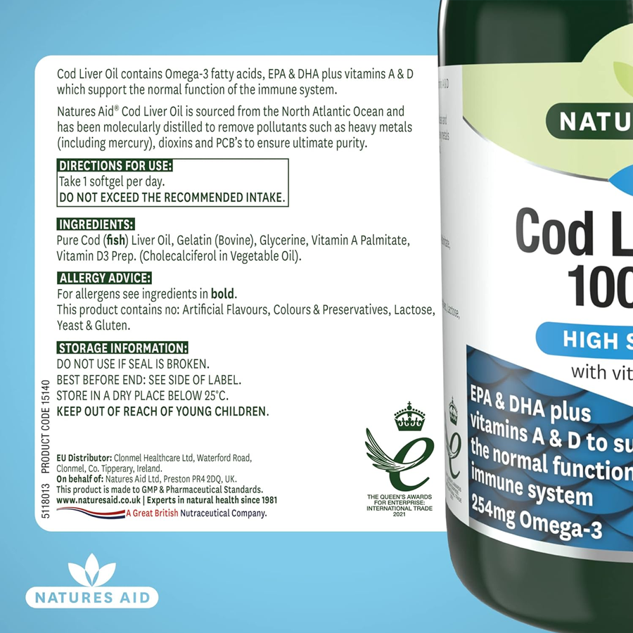 Natures Aid Cod Liver Oil 1000mg Softgels (240 Softgels | 33% Extra Free)