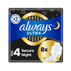 


      
      
        
        

        

          
          
          

          
            Toiletries
          

          
        
      

   

    
 Always Ultra Secure Night Size 4 (8 Pack) - Price